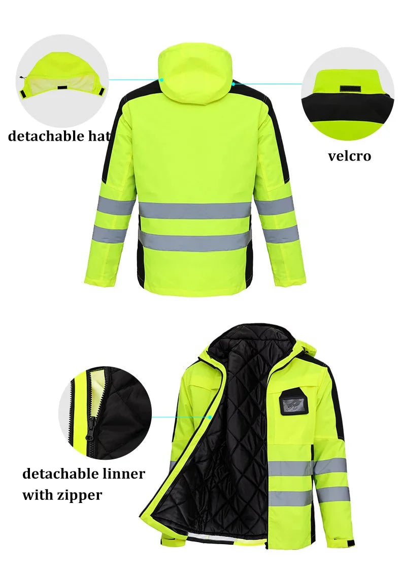 Trajes de trabajo de alta visibilidad amarillos para el invierno, conjunto de chaqueta impermeable de alta visibilidad 3 en 1 con forro y pantalones de trabajo para hombre
