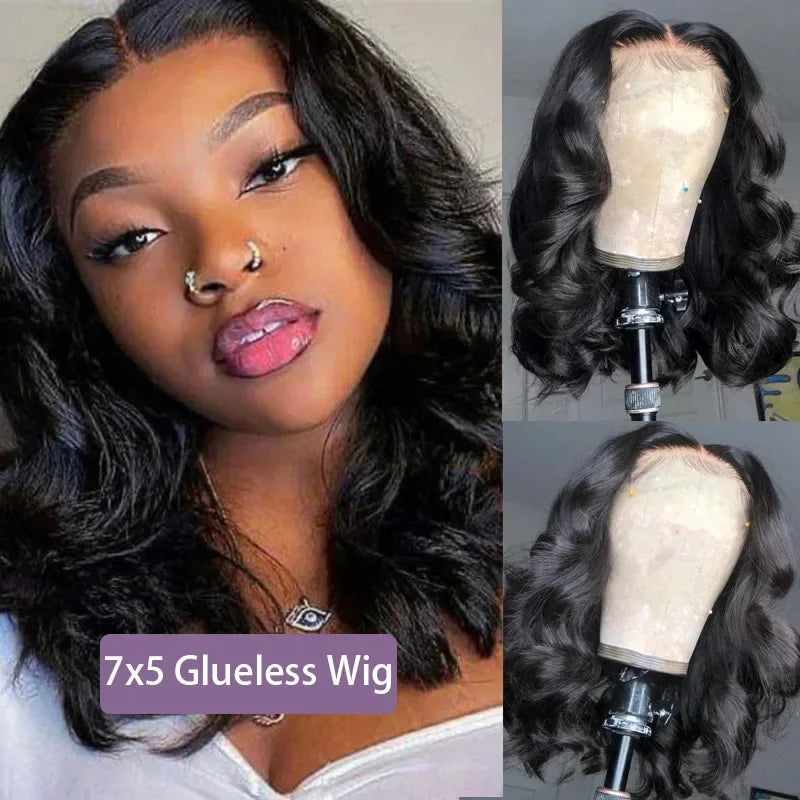 Peluca Bob 13x4 Body Wave sin pegamento Cabello humano Brasileño Lista para usar Peluca frontal de encaje 7x5 Precortada Sin pegamento para mujeres Pre-arrancada