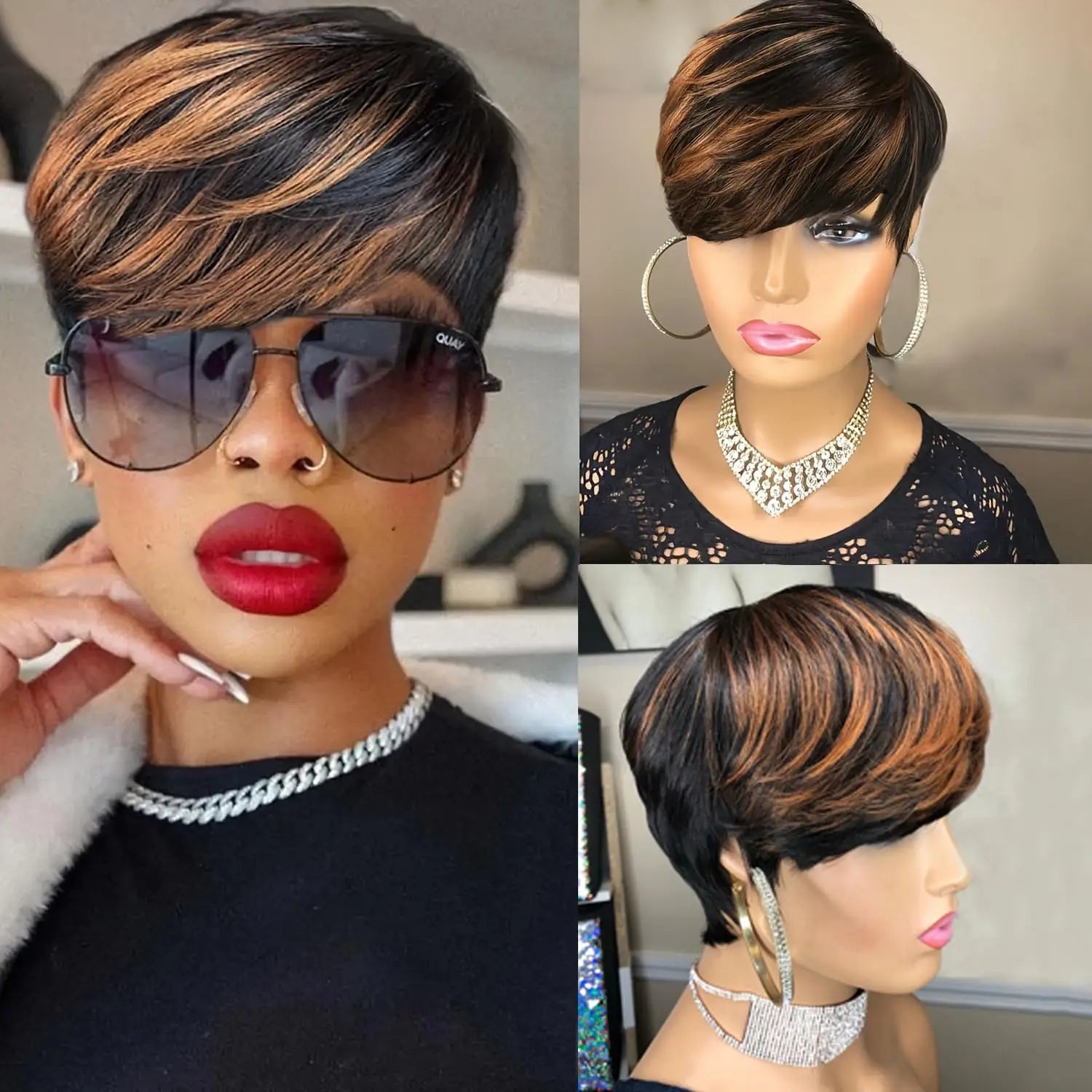 Peluca de corte pixie corto para mujer, peluca pixie sintética, sin pegamento, hecha a máquina, fácil de usar, pelucas de quita y pon