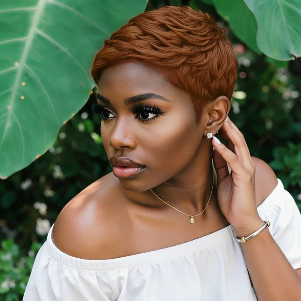 150%density 4inch short layered pixie cut human hair wig summer wig machine made hair wig for women natural black/99j color