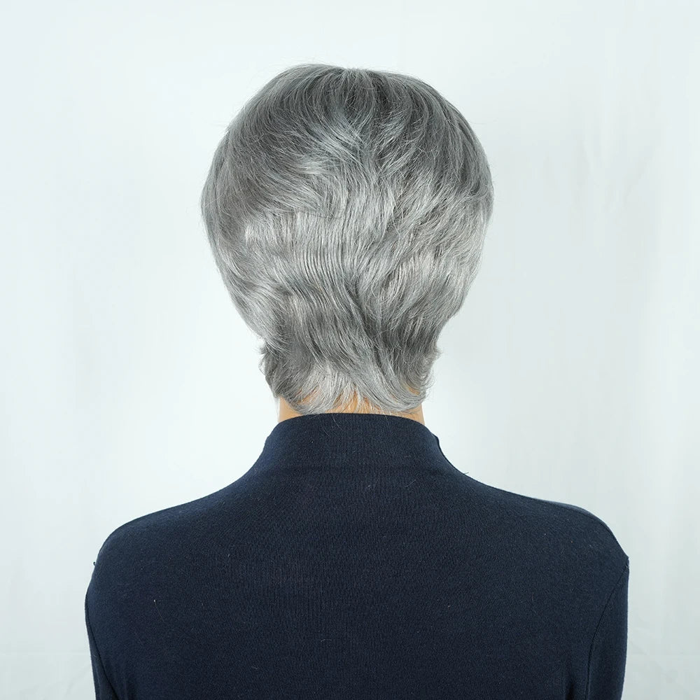 Gray Human Hair Pixie Cut Wig Short Silver Color with Pre Plucked Bangs for Women Brazilian Remy Hair Machine Made Pixie Cut Wig