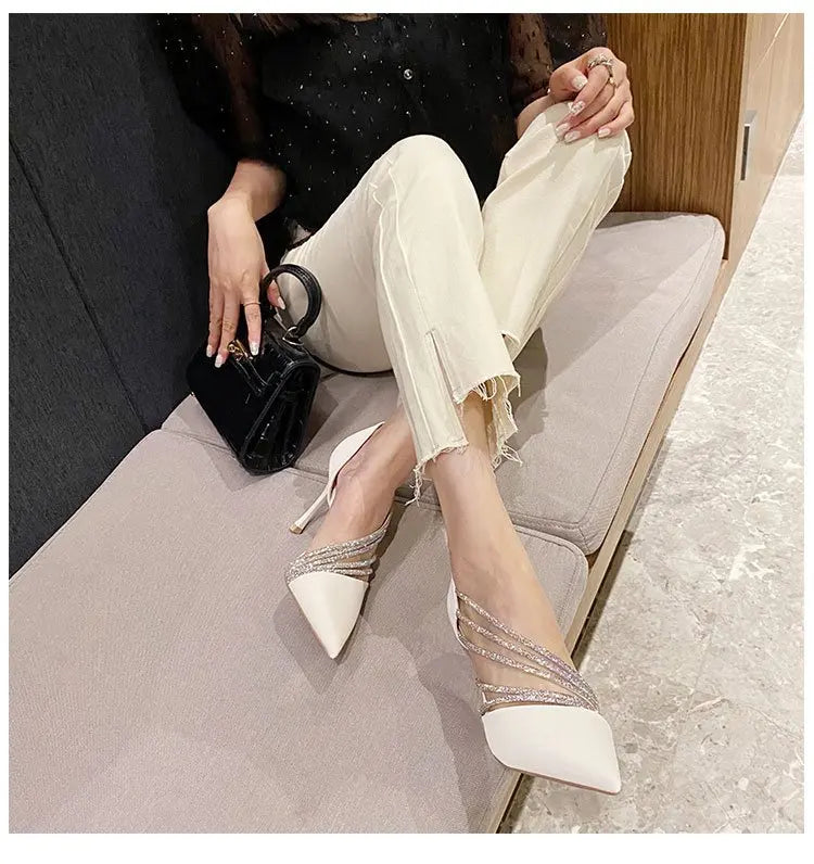 Zapatos de tacón alto para fiesta de noche de mujer, nuevos zapatos de salón elegantes para mujer, de punta, negros, con tiras, para mujer