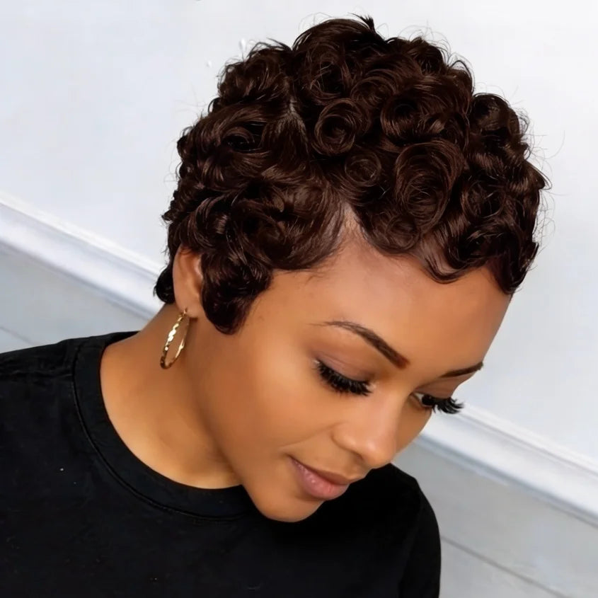 Loose Curly Side Part Brazilian Human Hair Wig Short Pixie Cut Wig for Women Full Machine Made Wig For Women