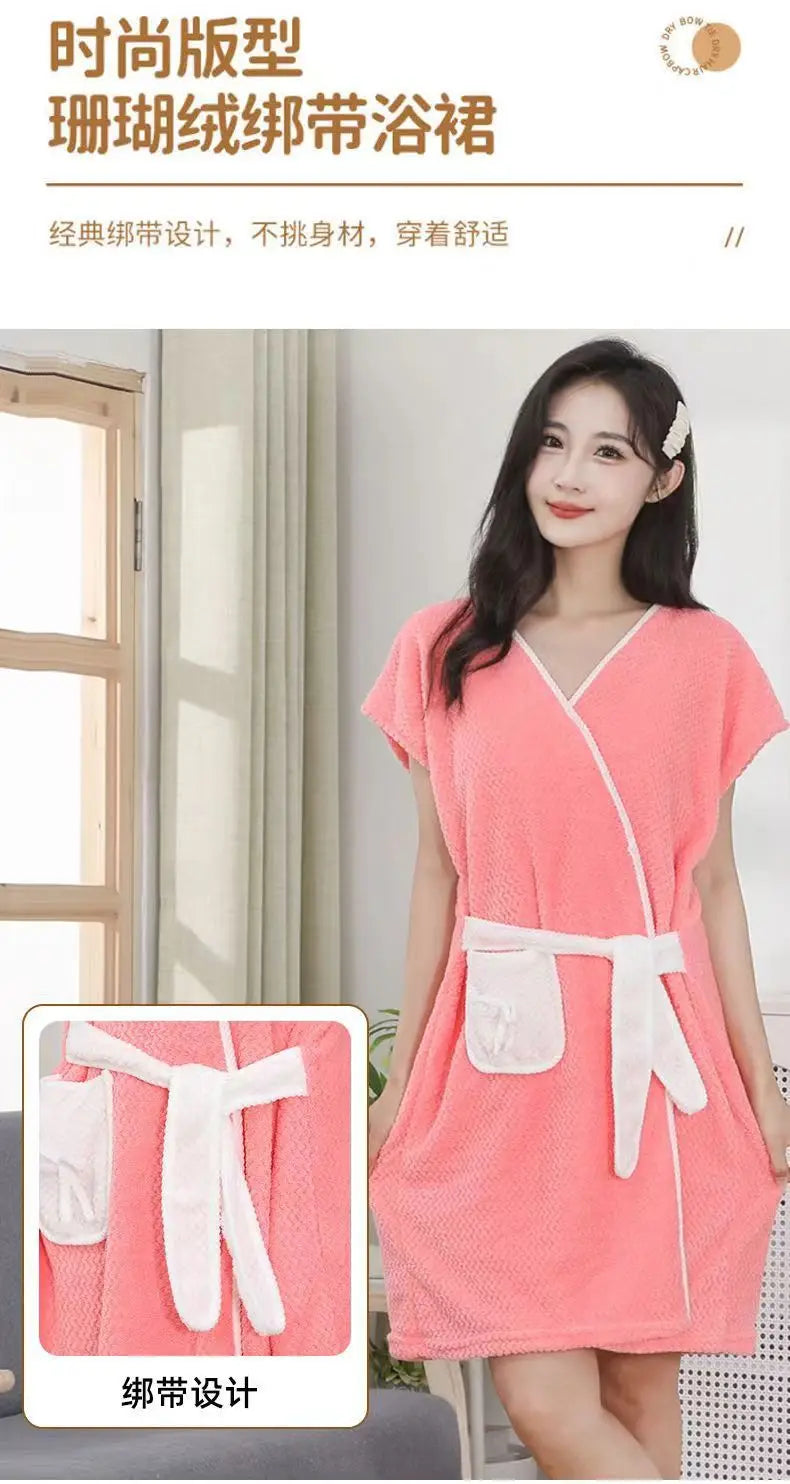 Bata de mujer, bata de vellón coral suave absorbente, bata ponible con tiras, toalla de baño transpirable para adulto