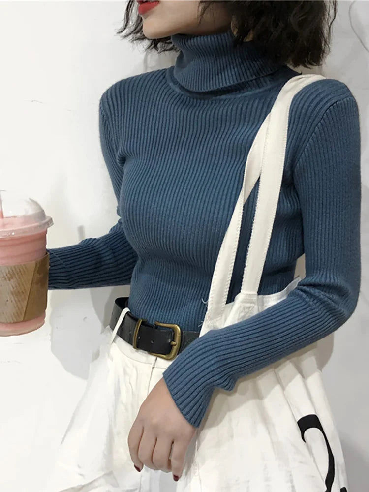 Jersey de cuello alto para mujer, blusa de otoño e invierno, jersey coreano ajustado para mujer, suéter de punto, jersey para mujer, invierno