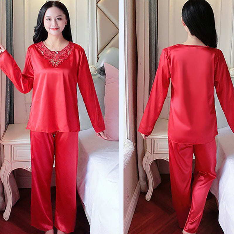 Women's Pajamas Set Summer Long Sleeve And Pants Pyjamas Two-piece Set Pajama Ice Silk Satin Sexy Sleepwear Home Suit Loungewear