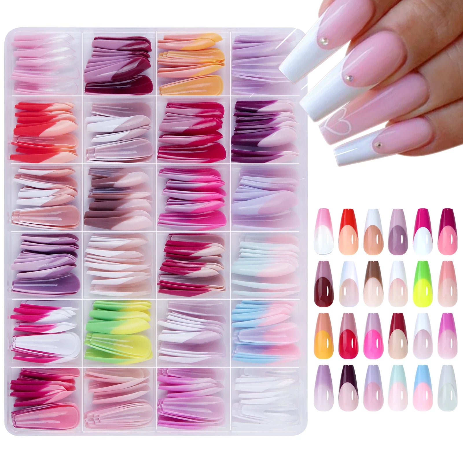 Lot de 24 faux ongles colorés style ballet français, à pression, couverture complète en acrylique, réutilisables, adaptés au bricolage, kawaii