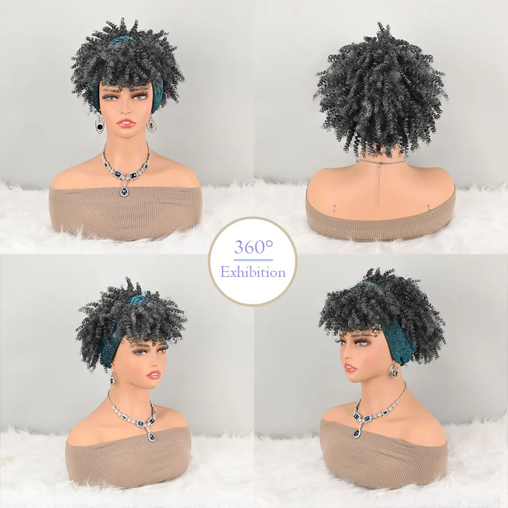 Headband Wigs for Black Women Synthetic Short Afro Kinky Curly Wigs Grey Wig with Bangs Wrap 2 in 1 Turban Wig
