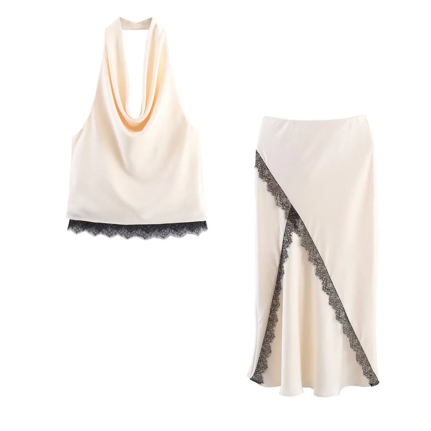 Women's Long Skirt Set Lace Trimmed Satin Neckline Top and Lace Trimmed Satin Mistletoe Skirt