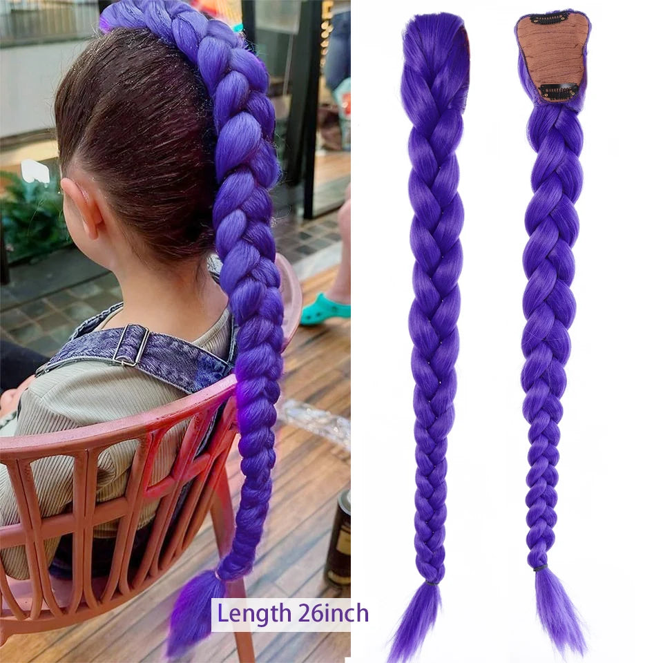 Synthetic Braided Purple Hair Ponytail Rumi Costume Hairstyle Long Ponytail with Rubber band and Clips for Kids Girls Christmas