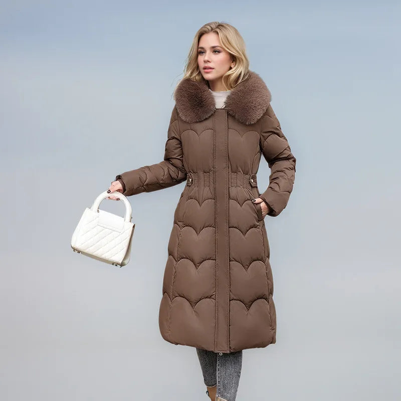 KIDCRKJ Abrigo de invierno pesado para mujer, con cintura ajustada, cuello de piel de lujo, acolchado para mujer, chaqueta larga por encima de la rodilla para mujer