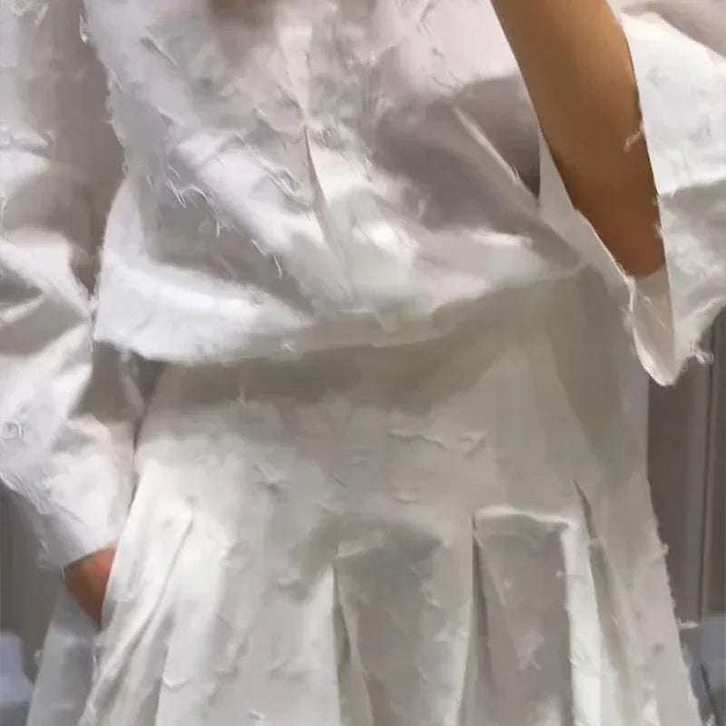 Conjunto de Falda Larga y Camisa con Borlas de Verano para Mujer Elegante Blanco Suelto Cintura Alta Plisada Maxi Faldas Trajes 2025 Ropa de Calle para Oficina