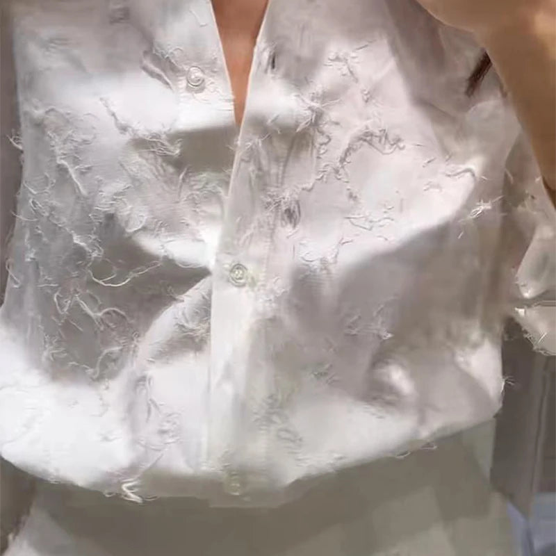 Conjunto de falda larga y camisa blanca con borlas para mujer, blusa suelta con botones, solapa y manga de puño, falda acampanada de cintura alta, conjunto de 2 piezas para verano de 2025