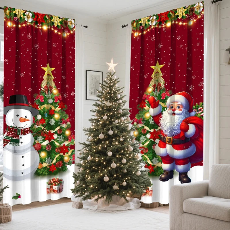 Lot de 2 rideaux à motifs de Noël, à œillets, pour salon, cuisine et chambre. Décorations de Noël pour la maison.