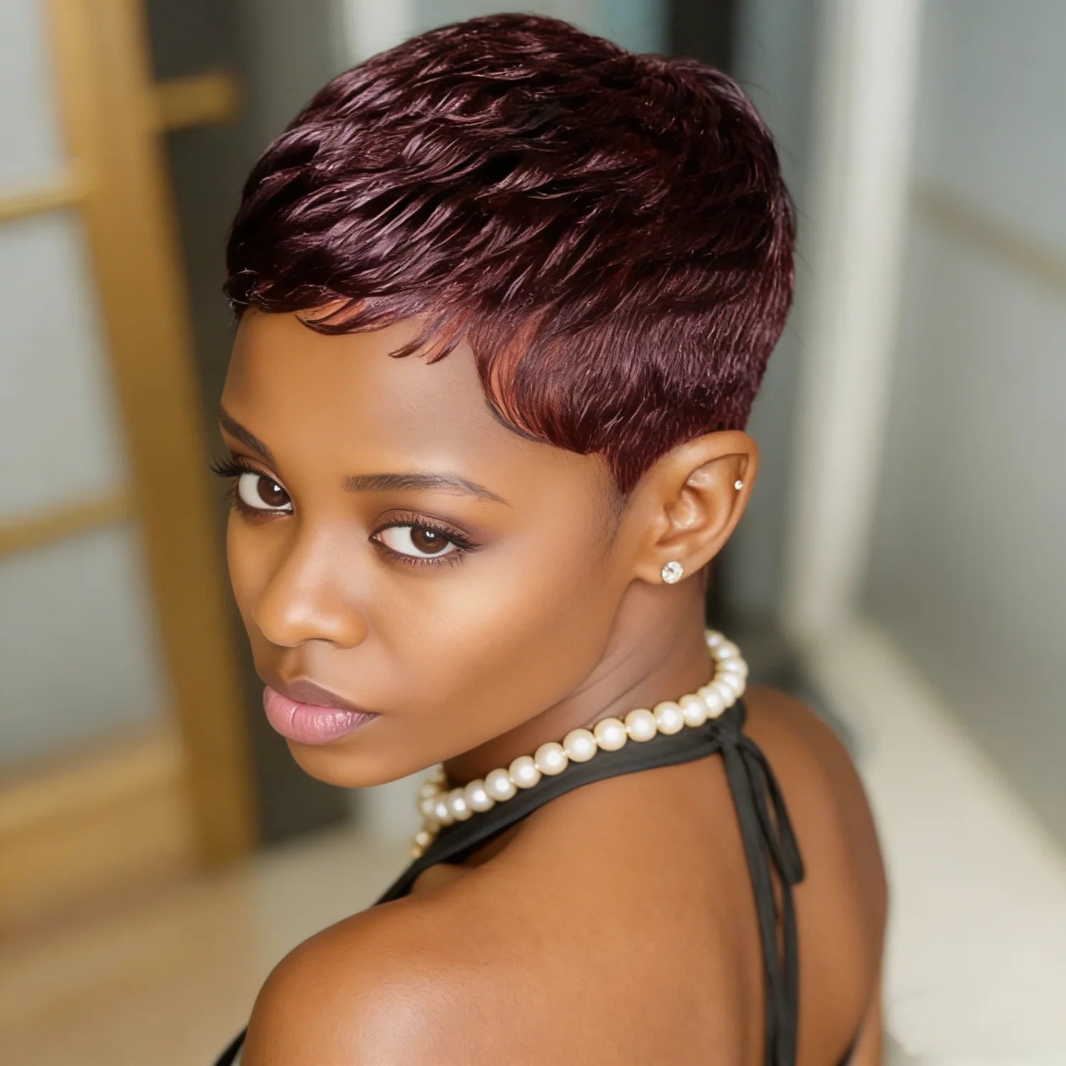 Short #99J Burgundy Human Hair Machine Made Wig With Bangs For Women Casual Wear