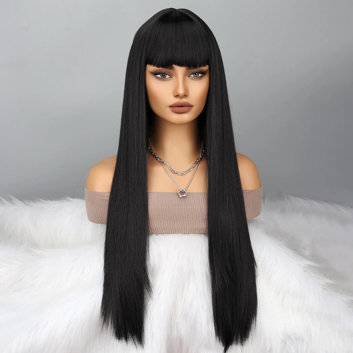 Long Straight Remy Hair Wigs Natural Black Heat Resistant Fiber Hair Full Machine Wig with Bangs Cosplay Party Wig For Fashion