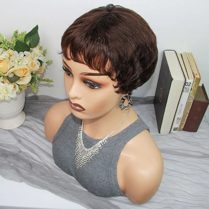 Pixie Cut Human Hair Wigs Short Wigs for Women Layered Pixie Wig With Bangs Glueless Full Machine Made Dark Brown #2 On Sale
