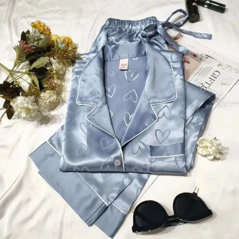 Conjuntos de pijama de verano de 2 piezas para mujer, de satén y seda fina, pijama a rayas, ropa de dormir, pantalones de manga larga, ropa de casa