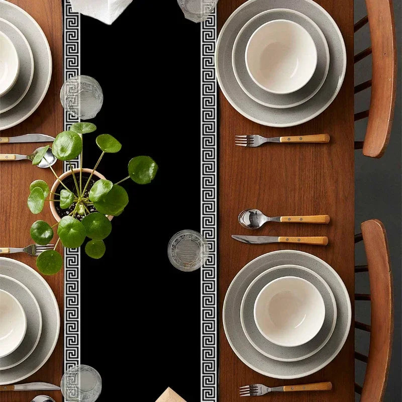 Camino de mesa con diseño geométrico retro negro para decoración de restaurante, camino de mesa para bodas y fiestas, accesorios de mesa
