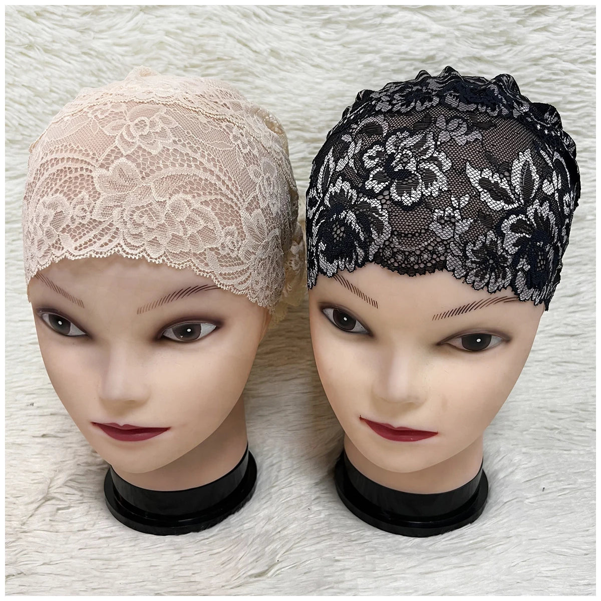 Gorro elástico de encaje calado de franela para mujer, gorra con cruz frontal, pañuelo musulmán, tocado de perlas estilo nacional indio