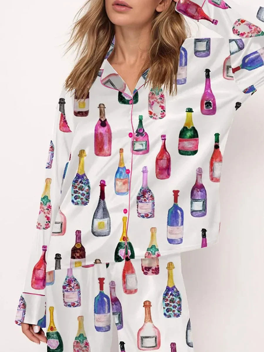 Conjuntos de pijamas de satén para mujer, 2 piezas, botella de champán, copas de vino, camisa de manga larga con botones, pantalones, ropa de satén de seda para estar en casa