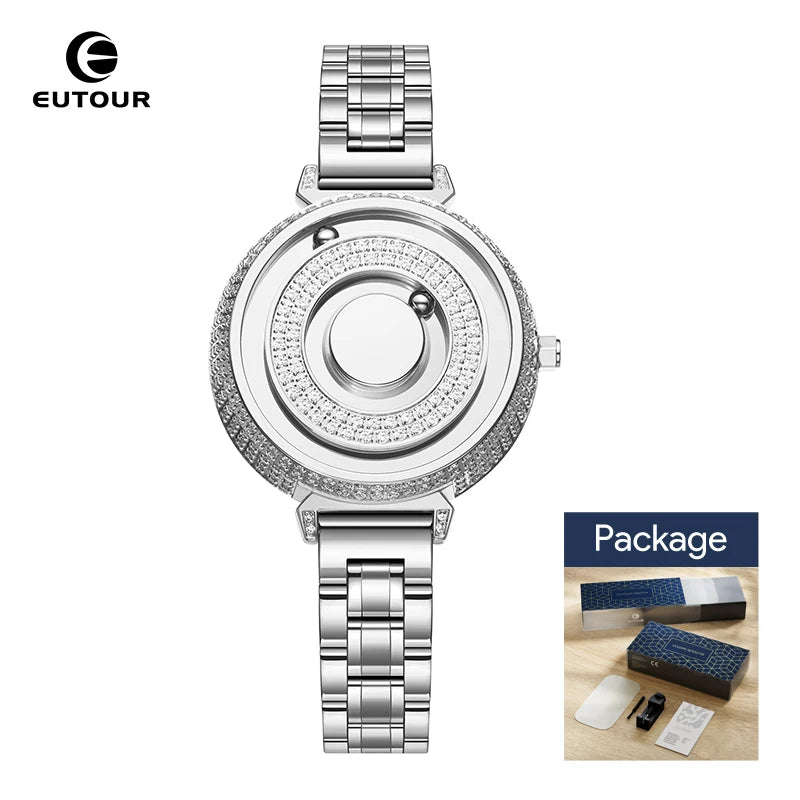 Reloj Magnético EUTOUR para Mujer con Diamantes | Cuarzo Impermeable | Correa de Lujo de Acero Inoxidable | Elegancia del Día a la Noche