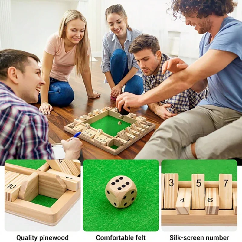 Jeu de société classique en bois à 4 faces avec 2 dés et instructions de fermeture, version classique sur table et jeu de société de pub