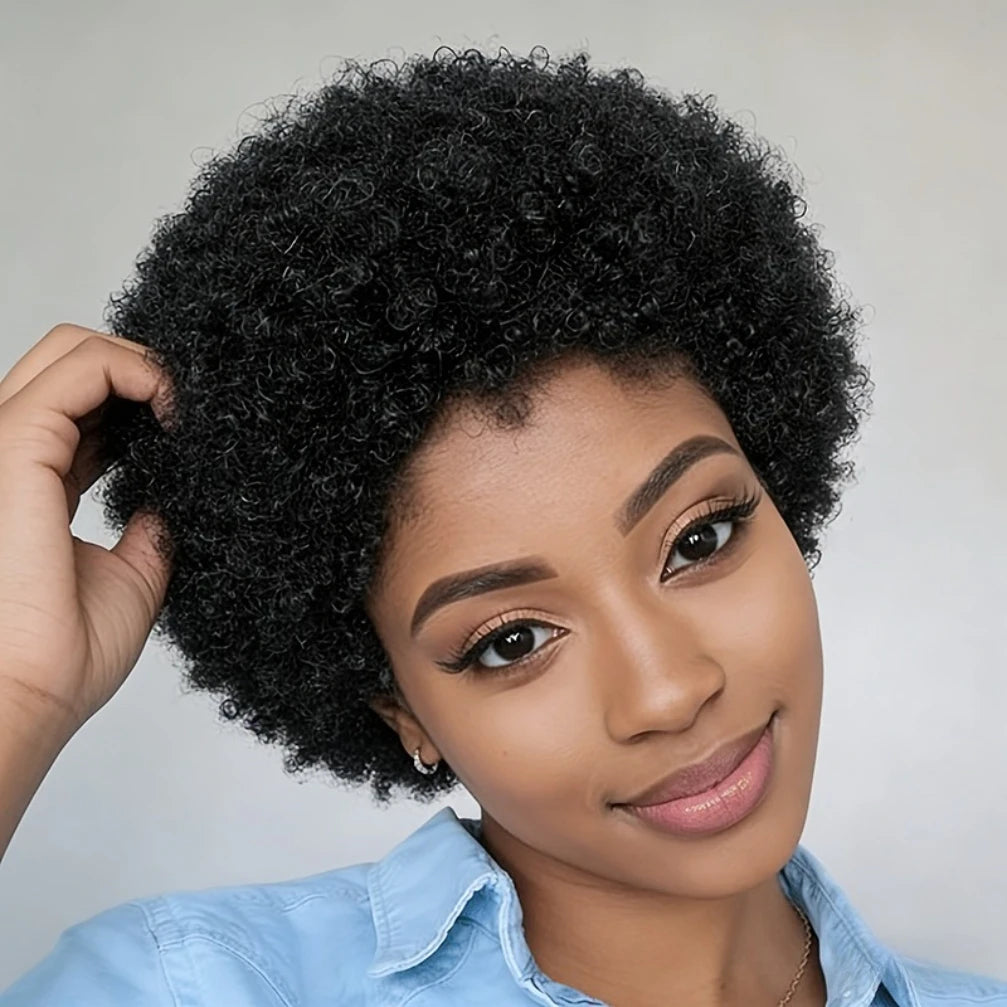 Peluca Afro Kinky Rizada con Onda 150% Densidad 6 Pulgadas Pixie Cut Peluca Afro Kinky Rizada de Cabello Humano para Mujeres Peluca Completamente Hecha a Máquina
