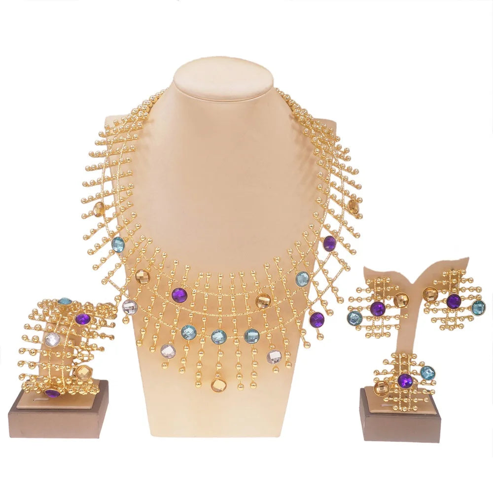 Juego de joyas de oro de 24 quilates para mujer, collar, cadena, pendientes, brazalete, anillo, con piedras multicolor