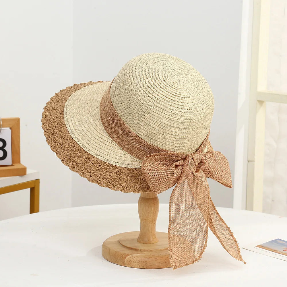 Sombrero de sol de verano estilo bohemio para mujer, protección solar, gorra de pescador de paja de playa, visera de encaje con lazo grande a la moda