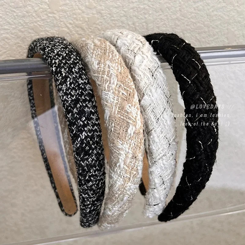 Diademas de tweed con celosía a la moda para mujer, bandas para el cabello retro con temperamento, aros para el cabello sólidos con esponja, nuevos accesorios para el cabello de otoño e invierno