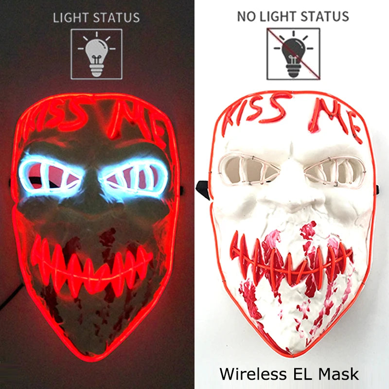 Máscara de purga LED de neón inalámbrica, que brilla en la oscuridad, máscara de cosplay de terror para Halloween, máscaras de fiesta de disfraces, accesorios luminosos divertidos
