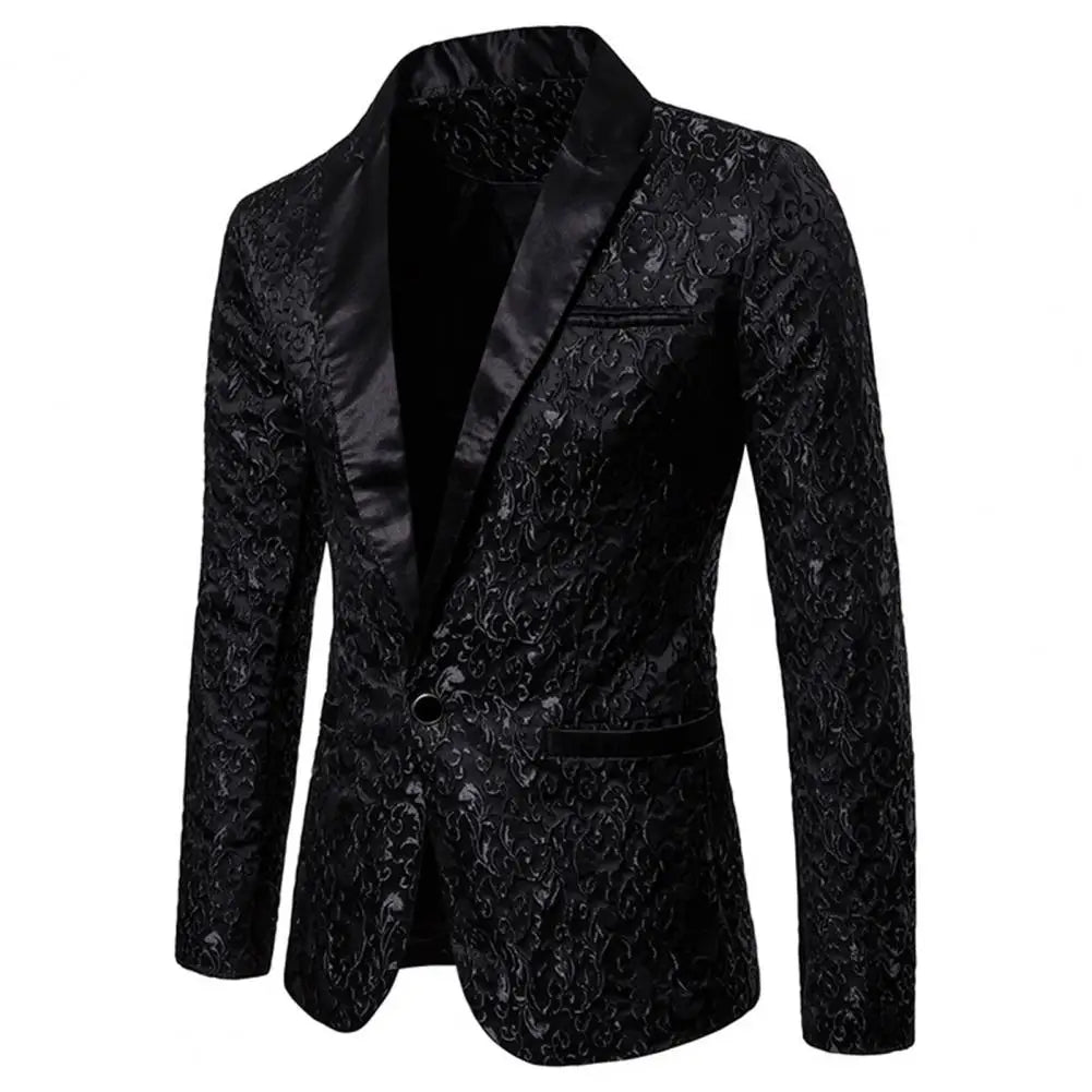 Chaqueta de hombre de lujo con jacquard, un botón, corte ajustado, cuello vuelto, de alta calidad, para bodas y banquetes