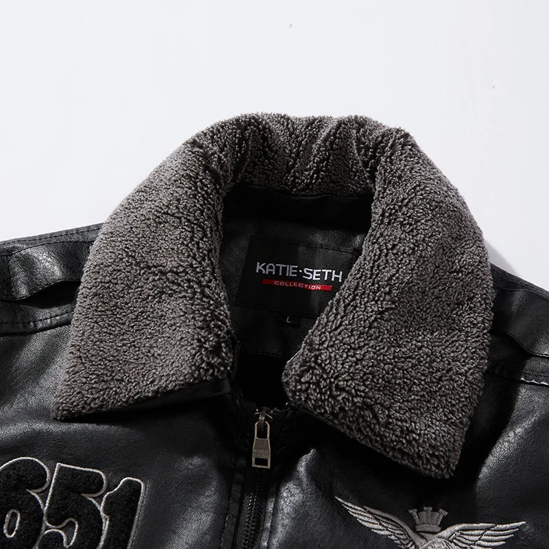 Chaquetas de moto para hombre de moda otoño/invierno casual de cuero bordadas estilo aviador en invierno terciopelo PU Jacke