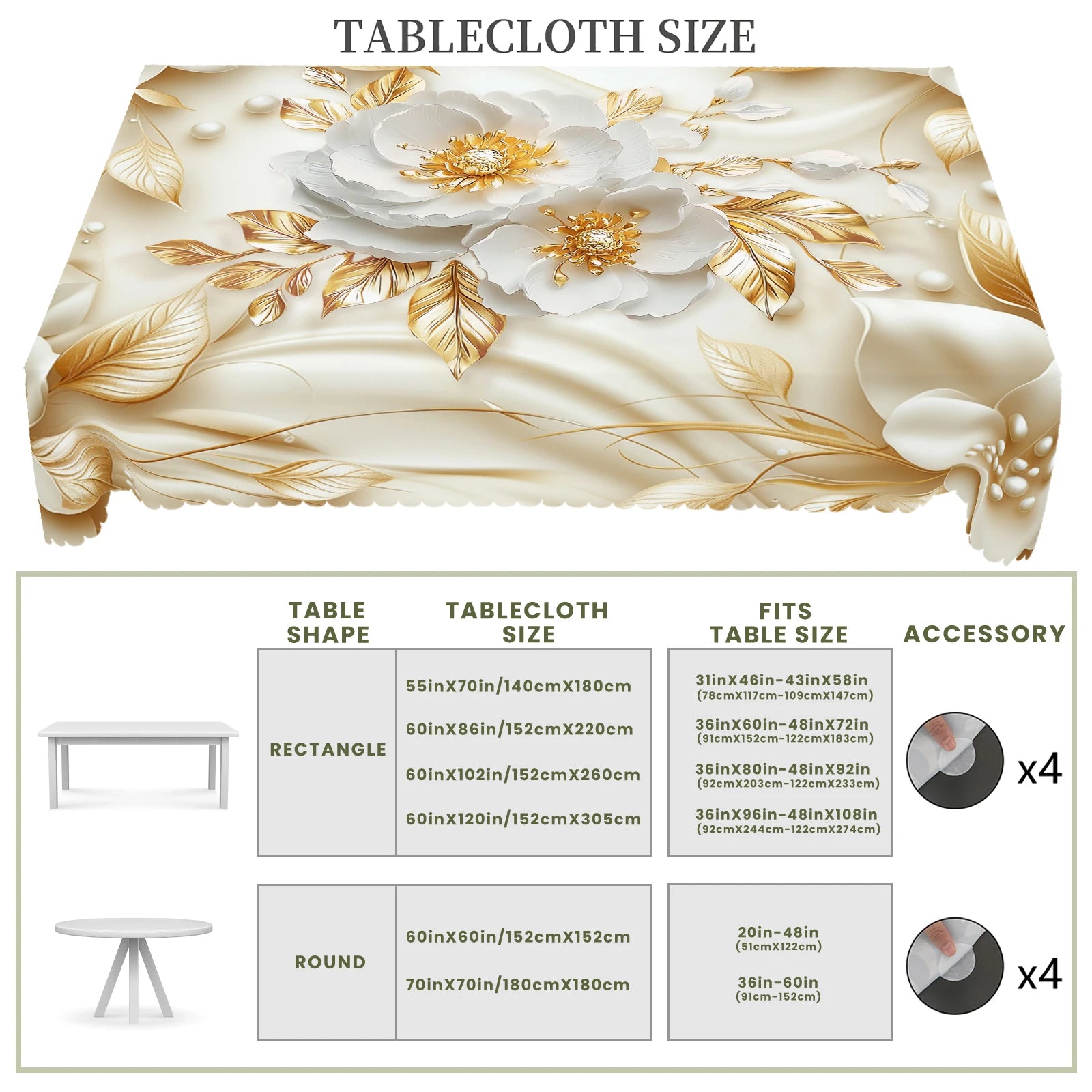 Mantel de tela con estampado floral 3D dorado – Elegante decoración floral para fiestas y hogar