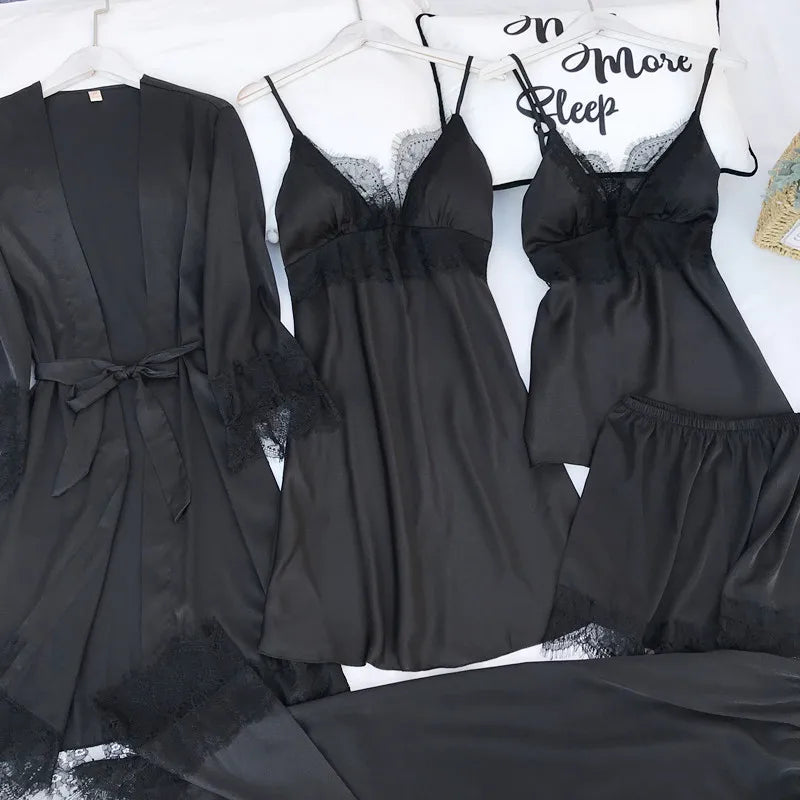 Pijama de cinco piezas para mujer, ropa de dormir para primavera y verano, camisón, bata de baño sexy de encaje, bata de satén de seda suelta para el hogar, ropa de estar en casa