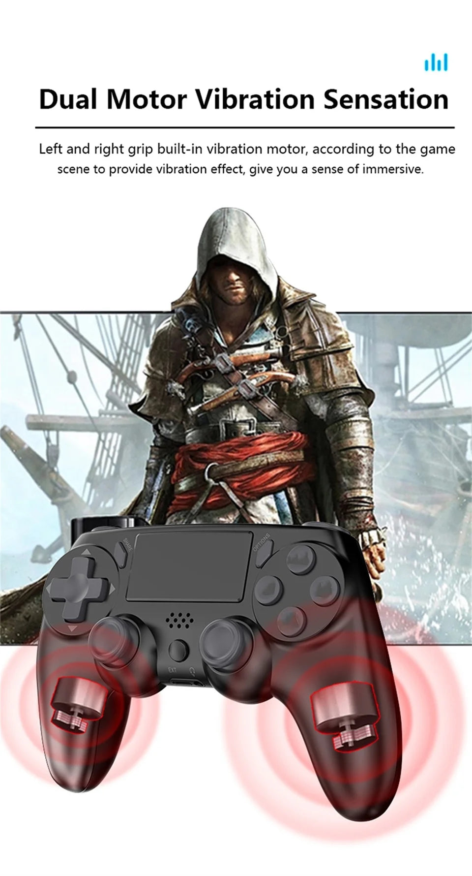 Mando inalámbrico GAMINJA con giroscopios de seis ejes, controlador de juego de doble vibración para PS4, PS3, consola de juegos, Windows 7, 8, 10, PC Joystick