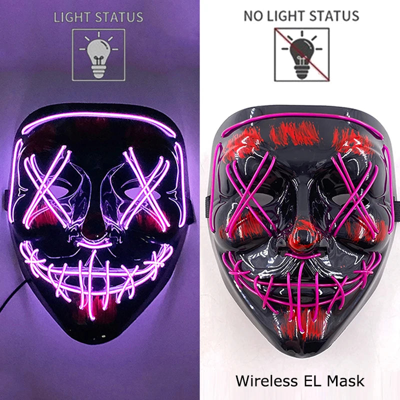 Máscara de purga LED de neón inalámbrica, que brilla en la oscuridad, máscara de cosplay de terror para Halloween, máscaras de fiesta de disfraces, accesorios luminosos divertidos