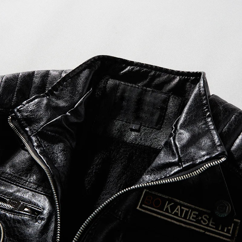 Chaqueta de Motociclista para Hombre, Chaquetas de Cuero PU para Motociclista con Forro Polar, Cortavientos de Moto para Hombre, Cuello Levantado, Chaquetas Casuales