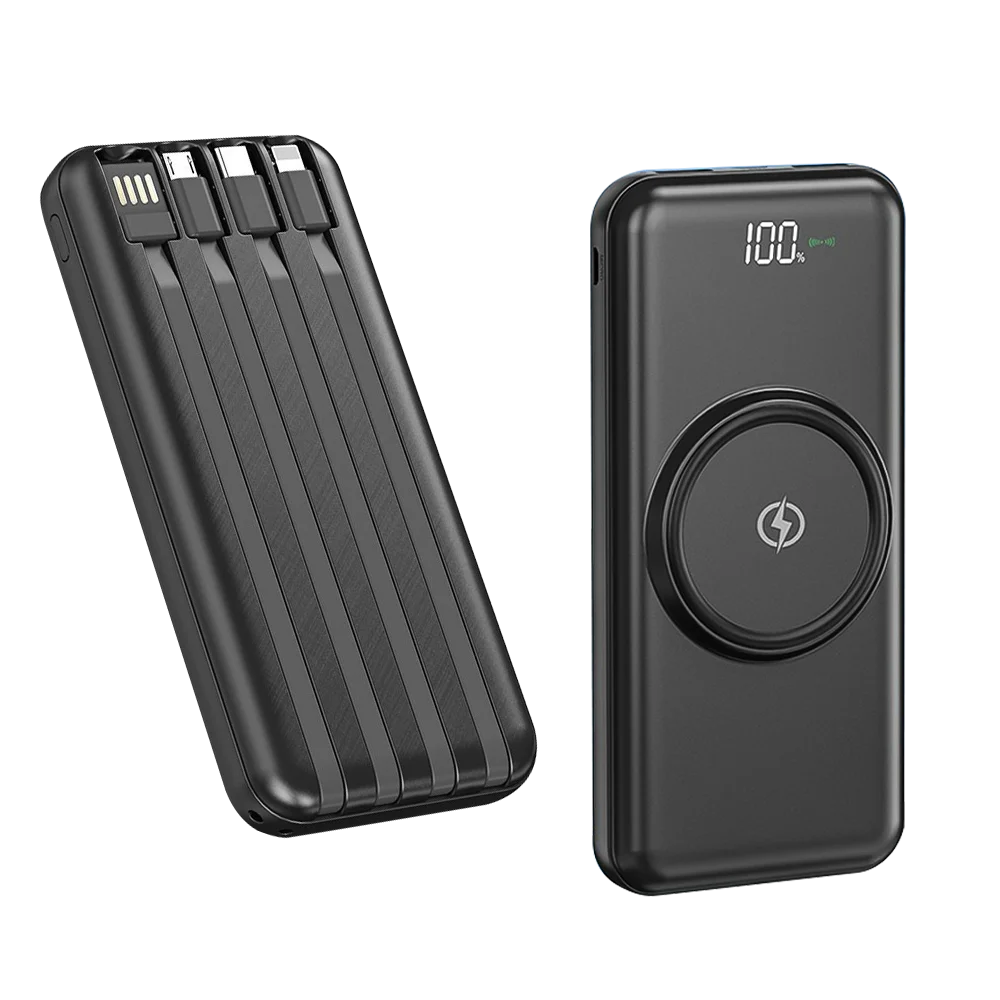 Batería externa de carga rápida inalámbrica, gran capacidad, USB, 4 en 1, carga superrápida, cable de alimentación cuádruple integrado, portátil, alta capacidad
