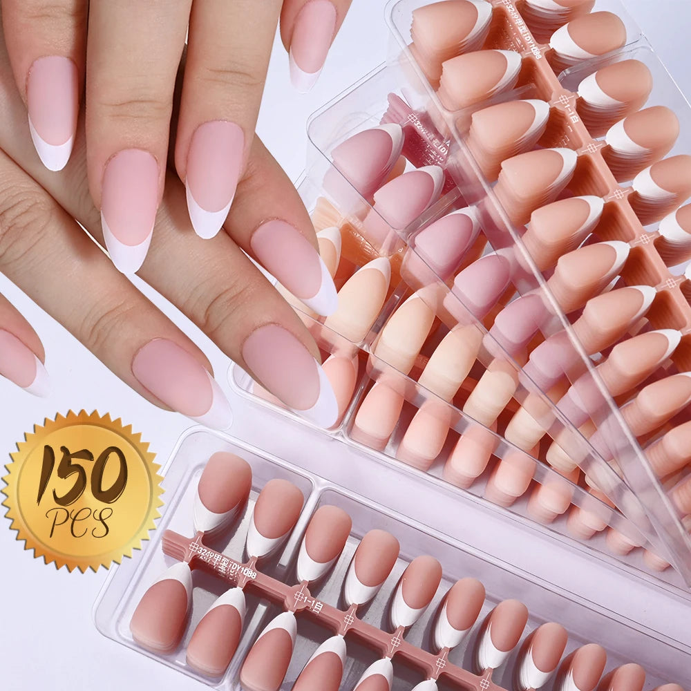 150/100/24Pcs Pink Matte French Press On Nail Tips Soft Full Cover Fake Nails Oval Almond False Nails Natural Extension Manicure