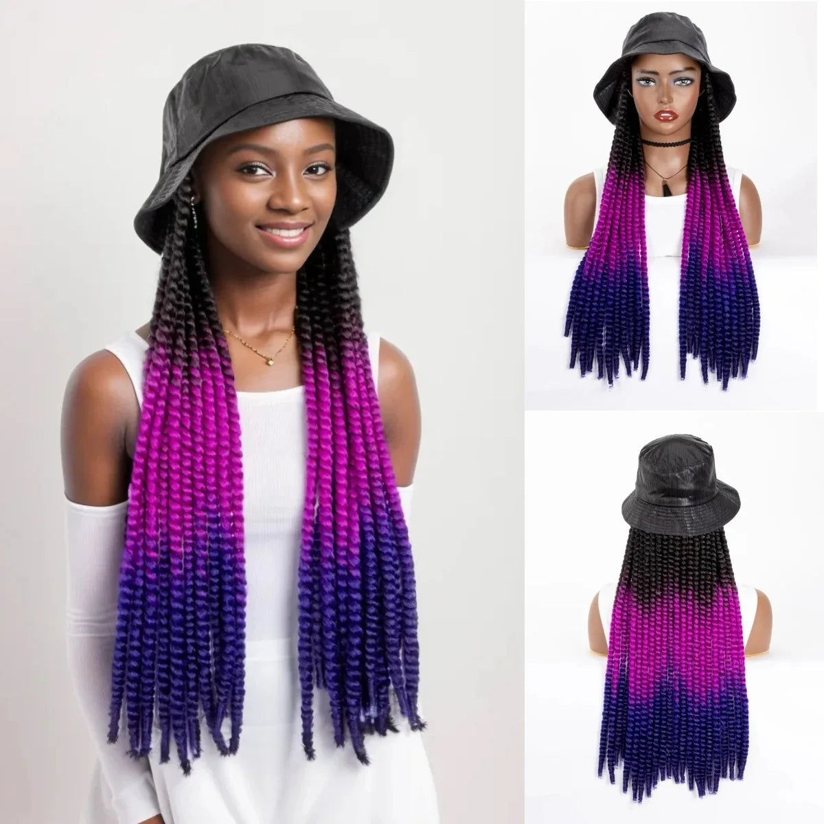 WIGERA Ombre Black Blue-purple Synthetic Havana Mambo Twist Braided Hair Extensions Cap Wig Spring Braiding With Bucket Hat