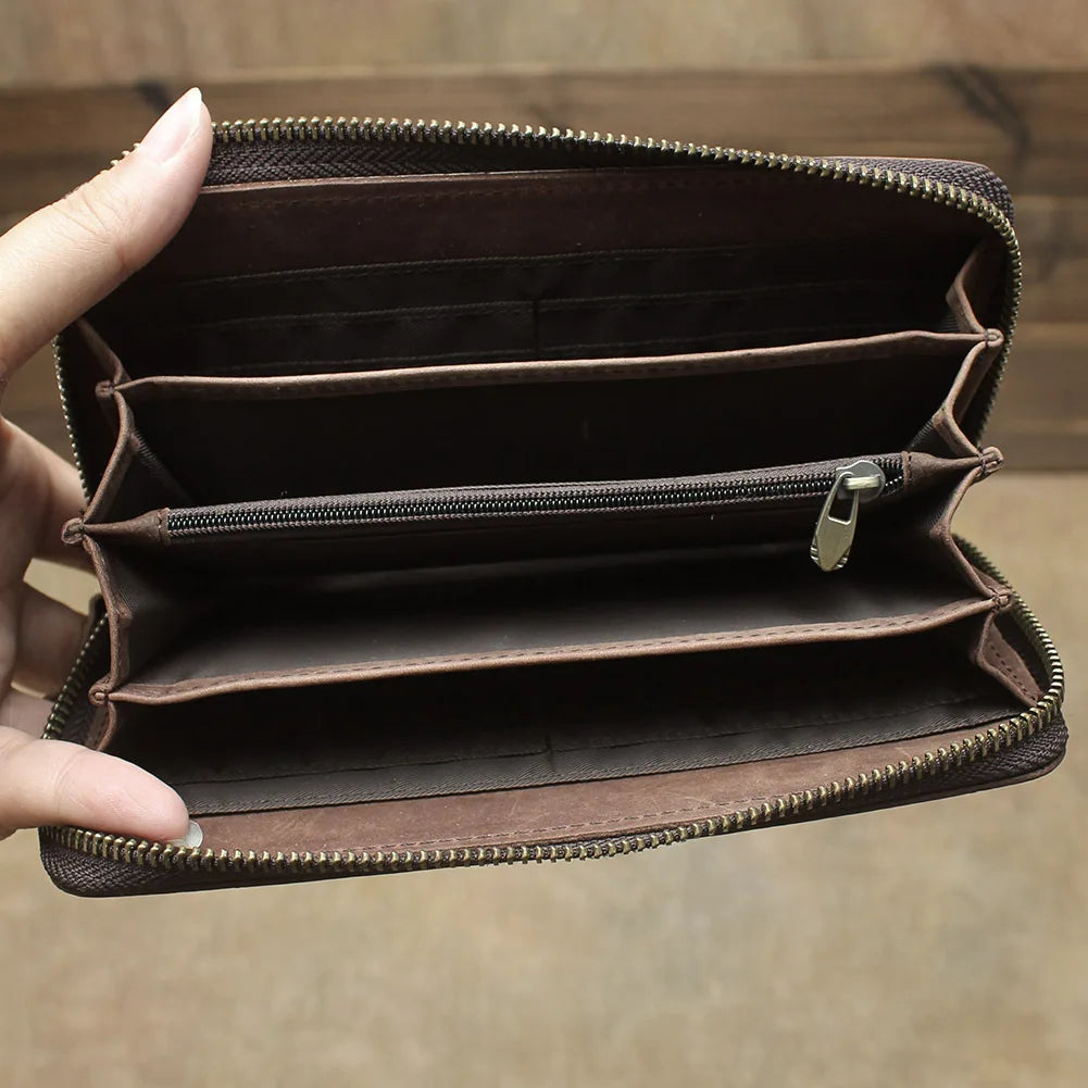 Billetera de lujo para hombre, cartera de mano de cuero genuino, monedero largo grabado en relieve, carteras de hombre de cuero grueso, carteras de mano de cuero para dinero