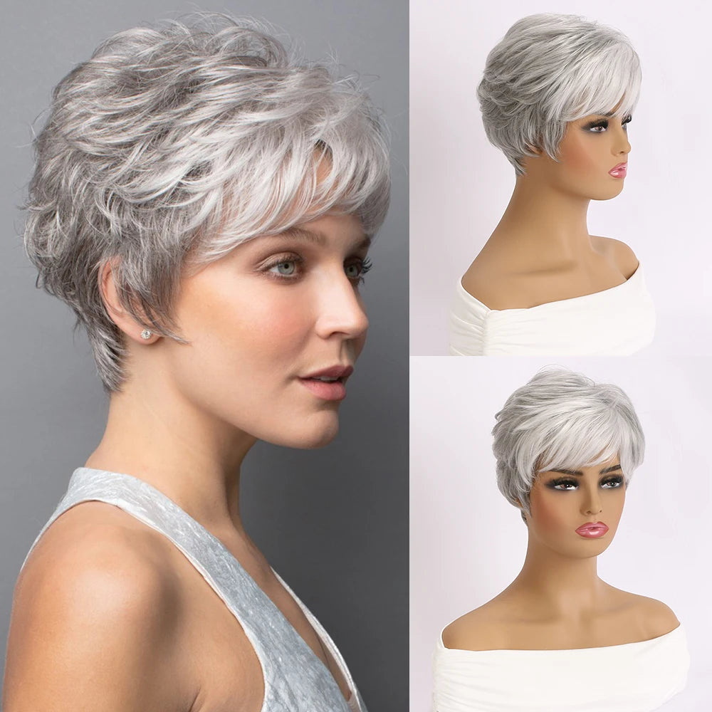 Short Natural Wigs with Bangs Soft Mommy Hair Daily Use Short Grey Ombre Curly Synthetic Hair Costume Party Wig for Women