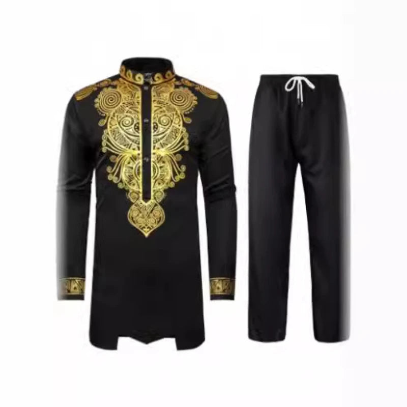 Men African Two Piece Set Traditional Suit Long Sleeve Gold Print Shirt Pants Party Africa Summer Gentleman Ethnic Outfit