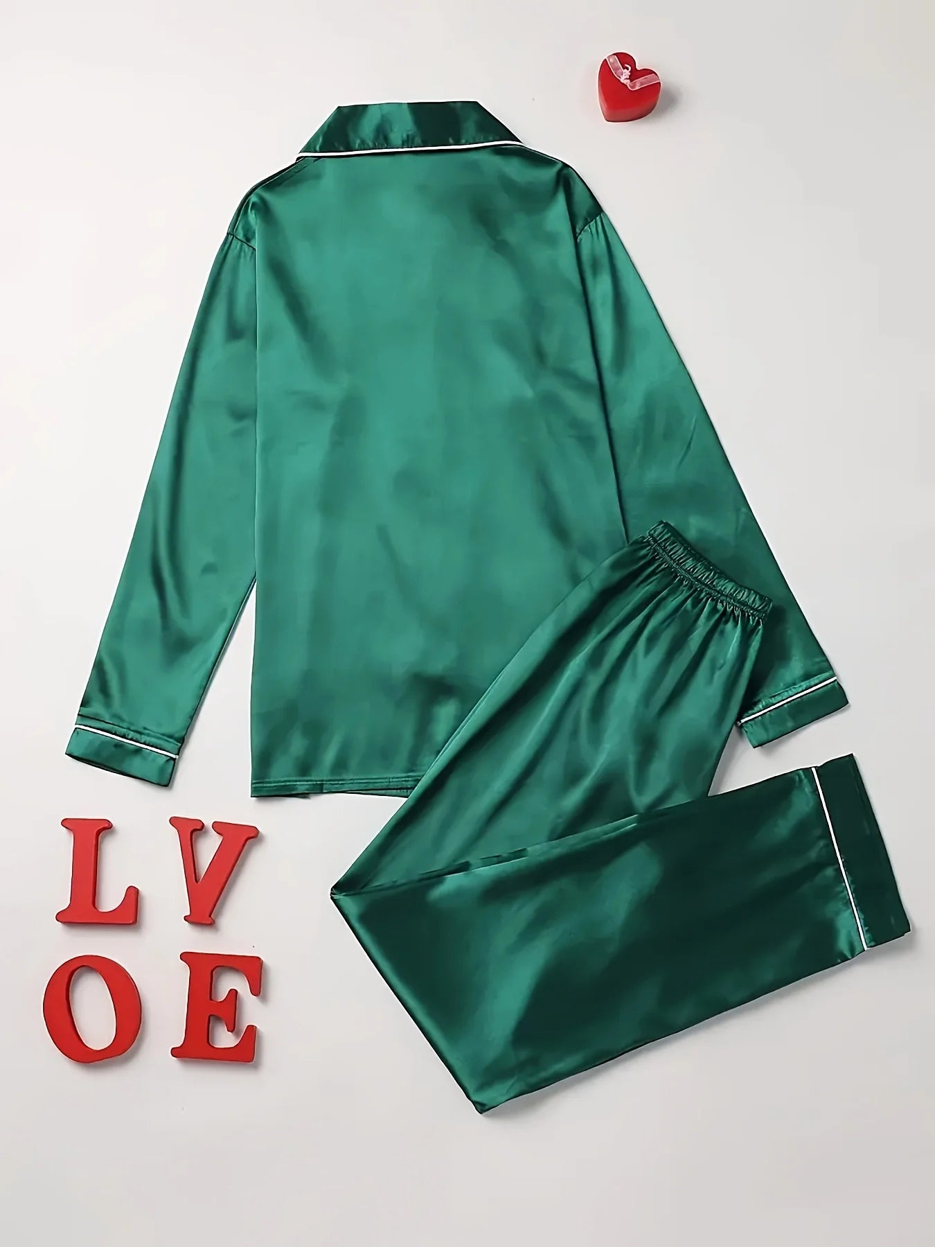 Conjunto de pijama liso de manga larga con botones y cuello tipo solapa, top y pantalones, conjunto de ropa de dormir y de estar para mujer