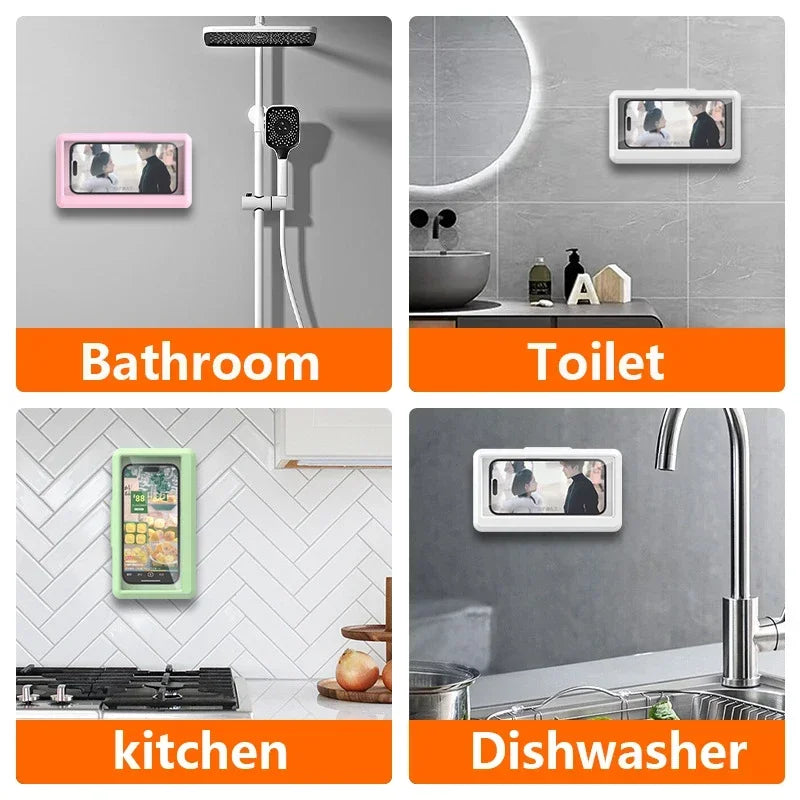 Funda de teléfono móvil universal impermeable y antivaho fija para baño, soporte para teléfono de ducha, impermeable, se puede tocar la pantalla en la ducha