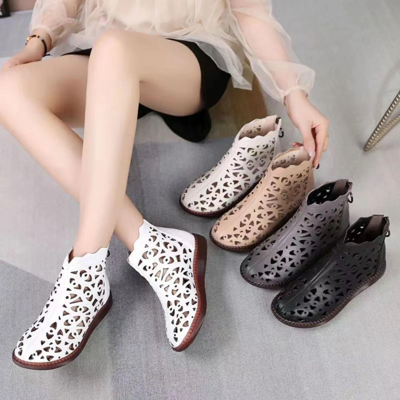 Women Boots New Spring Summer Leather Sandals Women Breathable Hole Boots Flat Soft Non-slip Comfortable Shoes for Women
