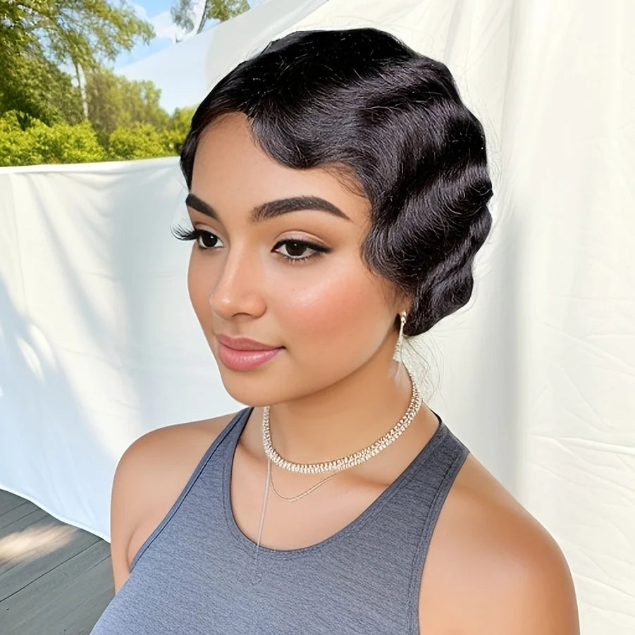 Short Finger Wave Human Hair Wig – Brazilian Water Wave Pixie Cut