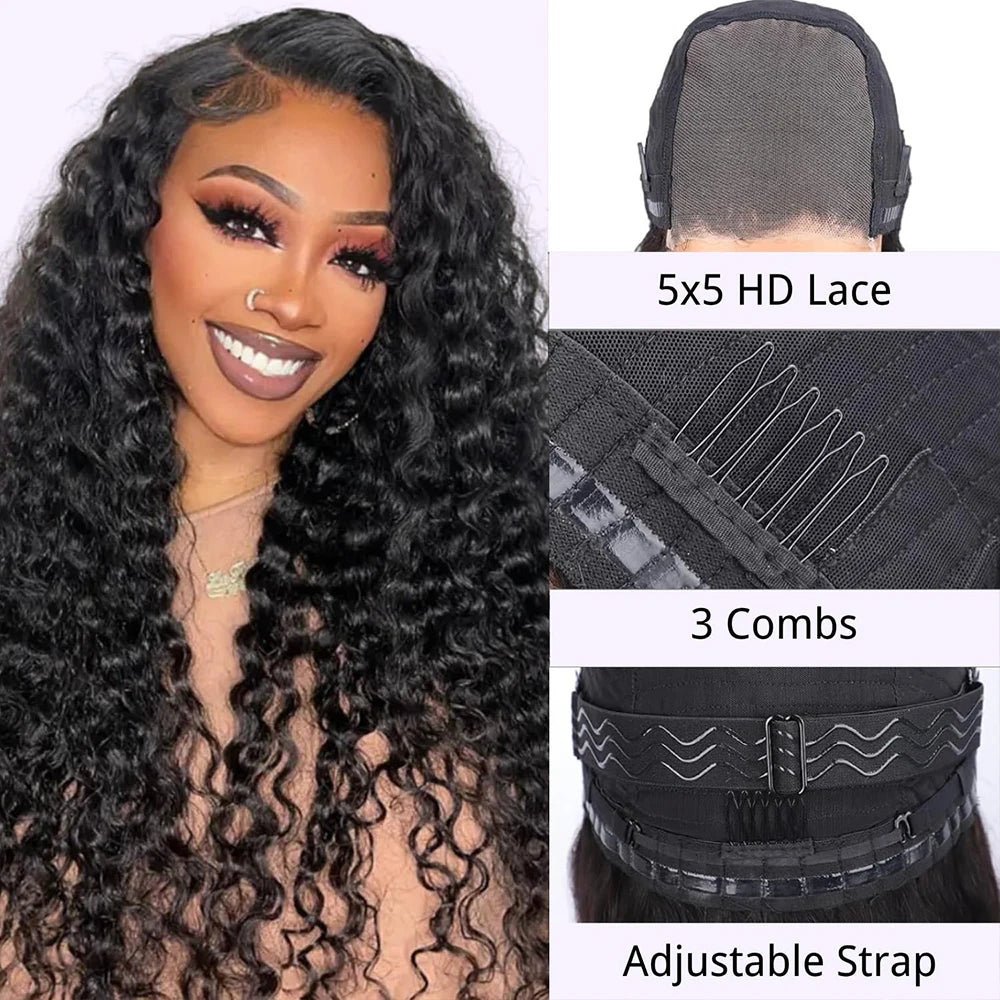 Pelucas sin pegamento Wear and Go de 42 pulgadas, cabello humano, pre arrancado, precortado, pelucas con cierre de encaje HD de 5x5, peluca Deep Wave de 250% de densidad para mujer